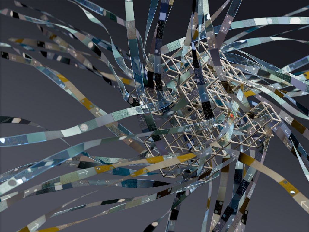 Intricate wireframe with dynamic ribbons in an abstract 3D composition.